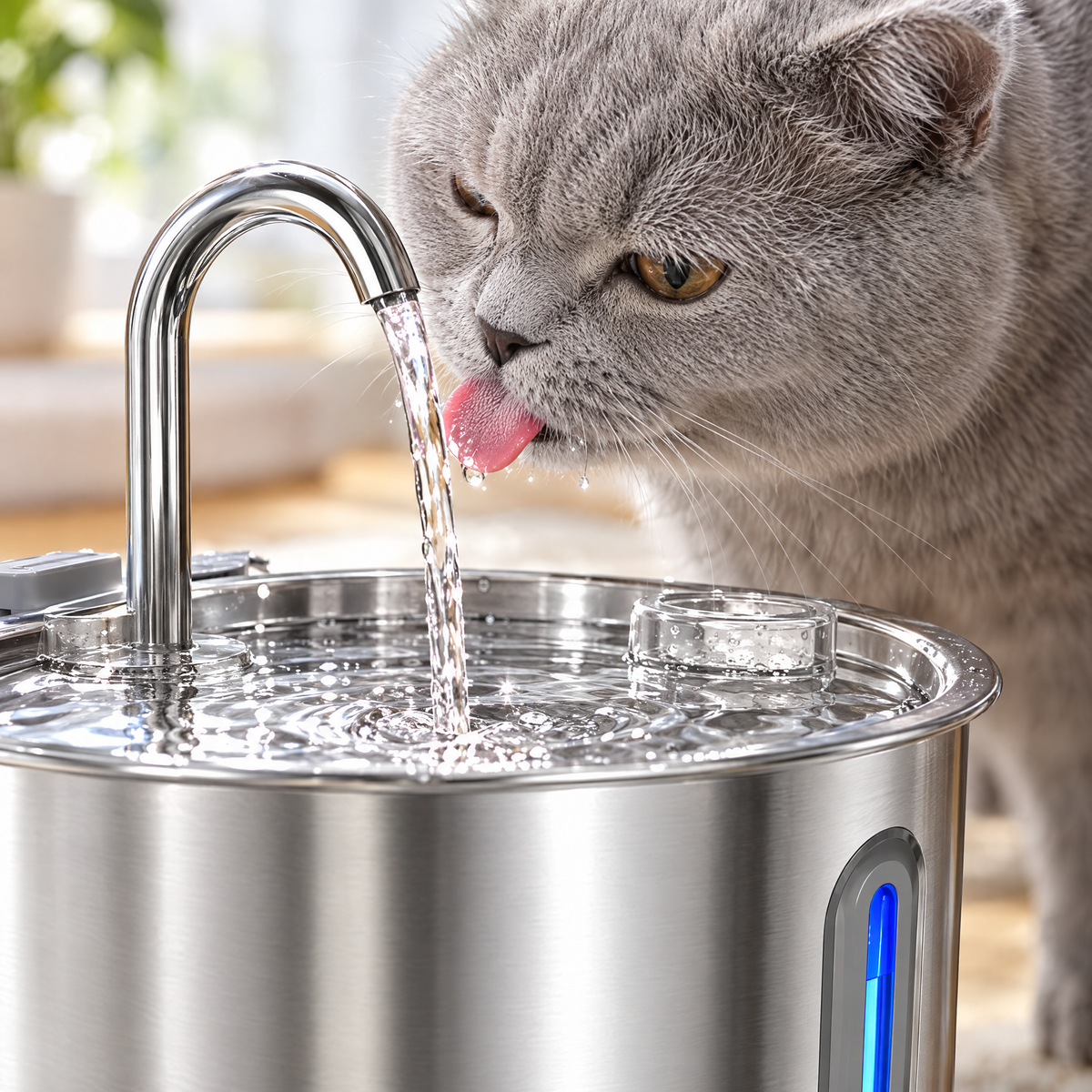 Chat British shorthair qui boit le filet d'eau de la fontaine