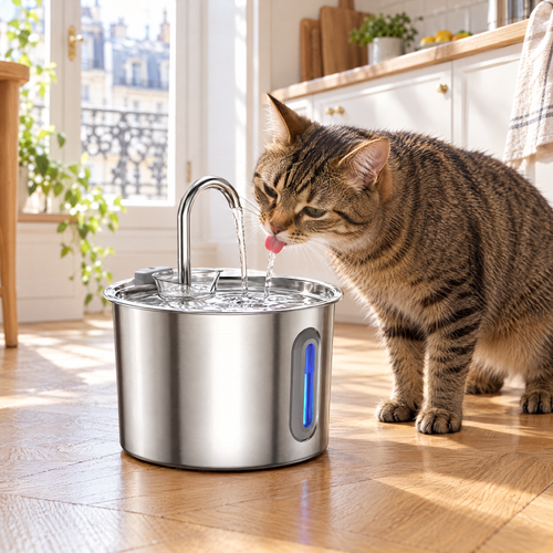 Chat tigré qui boit à la fontaine inox dans une cuisine